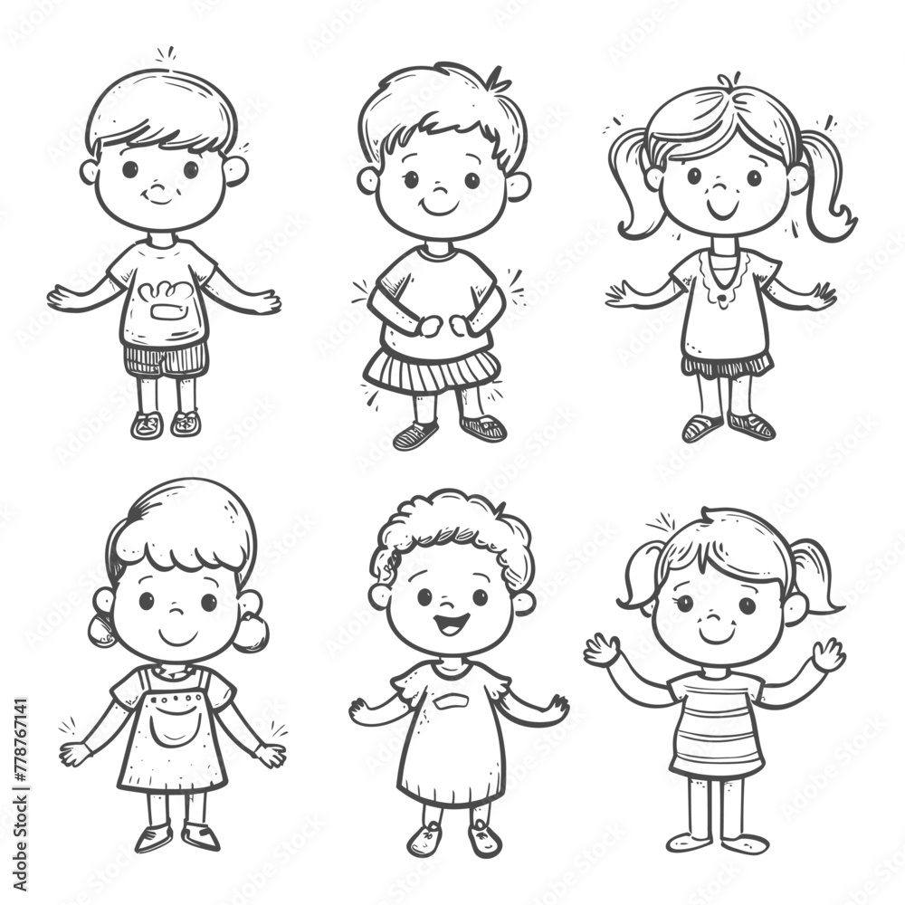 well hand drawing cute kids set doodle style illustration black color only well hand drawing cute kids set doodle style illustration black color only