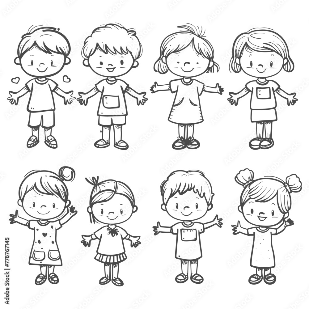 well hand drawing cute kids set doodle style illustration black color only well hand drawing cute kids set doodle style illustration black color only