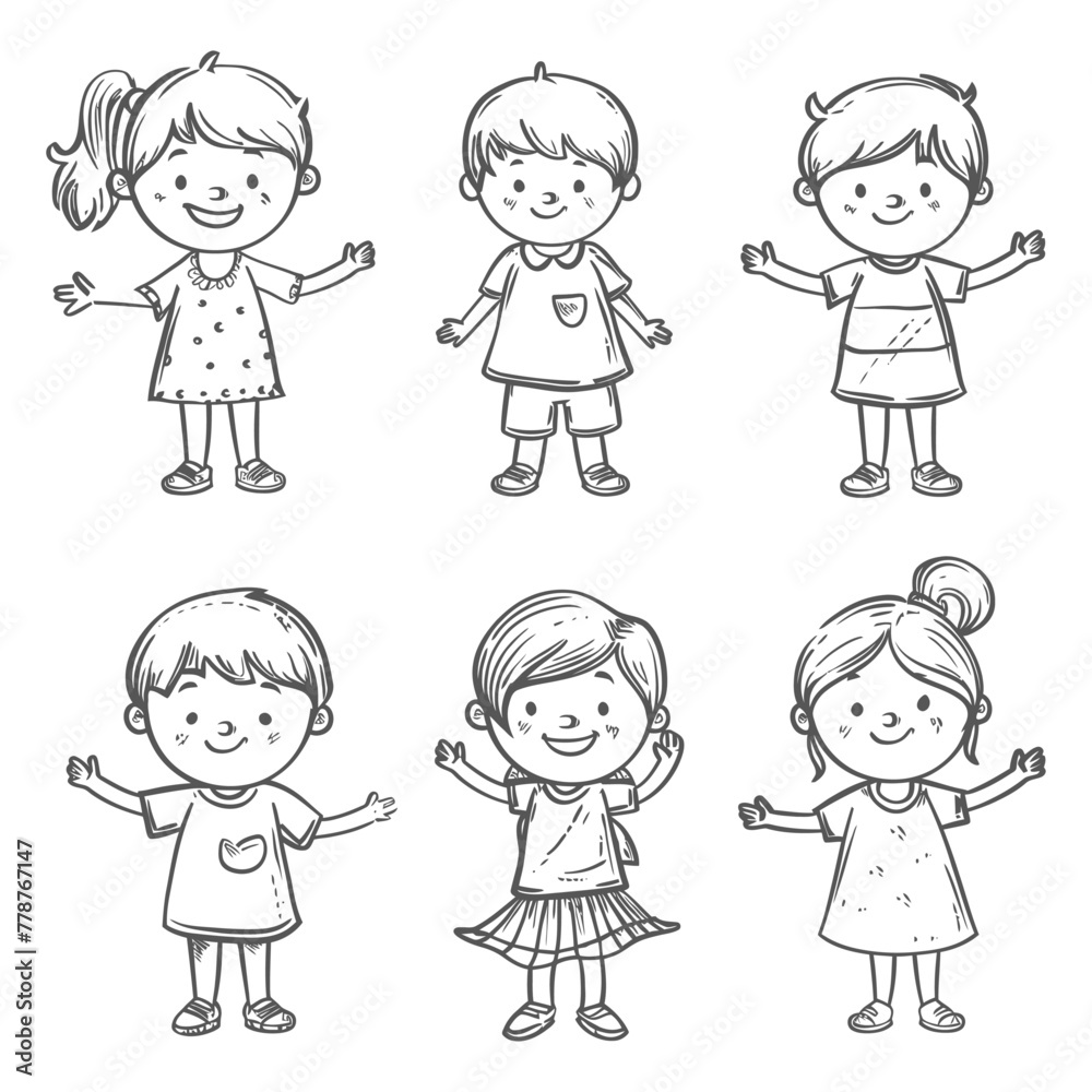 well hand drawing cute kids set doodle style illustration black color only well hand drawing cute kids set doodle style illustration black color only