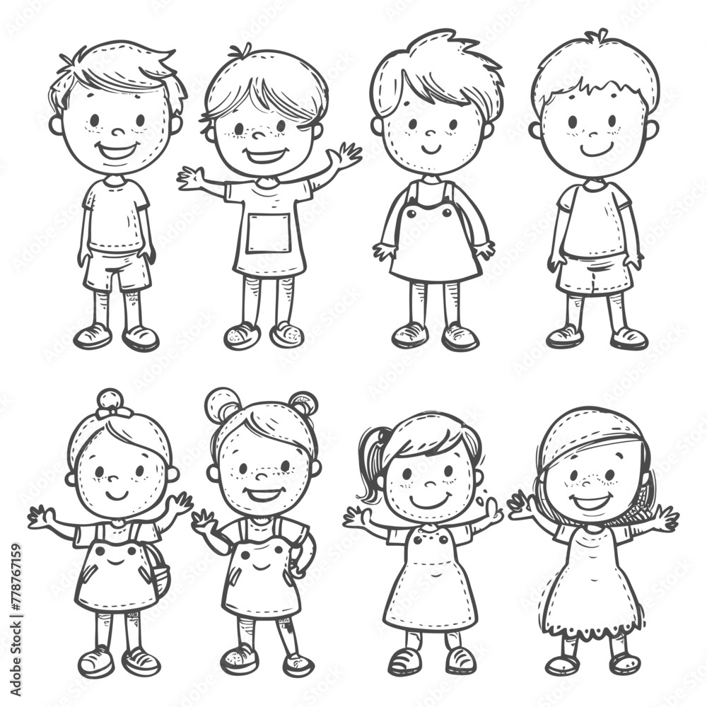 well hand drawing cute kids set doodle style illustration black color only well hand drawing cute kids set doodle style illustration black color only