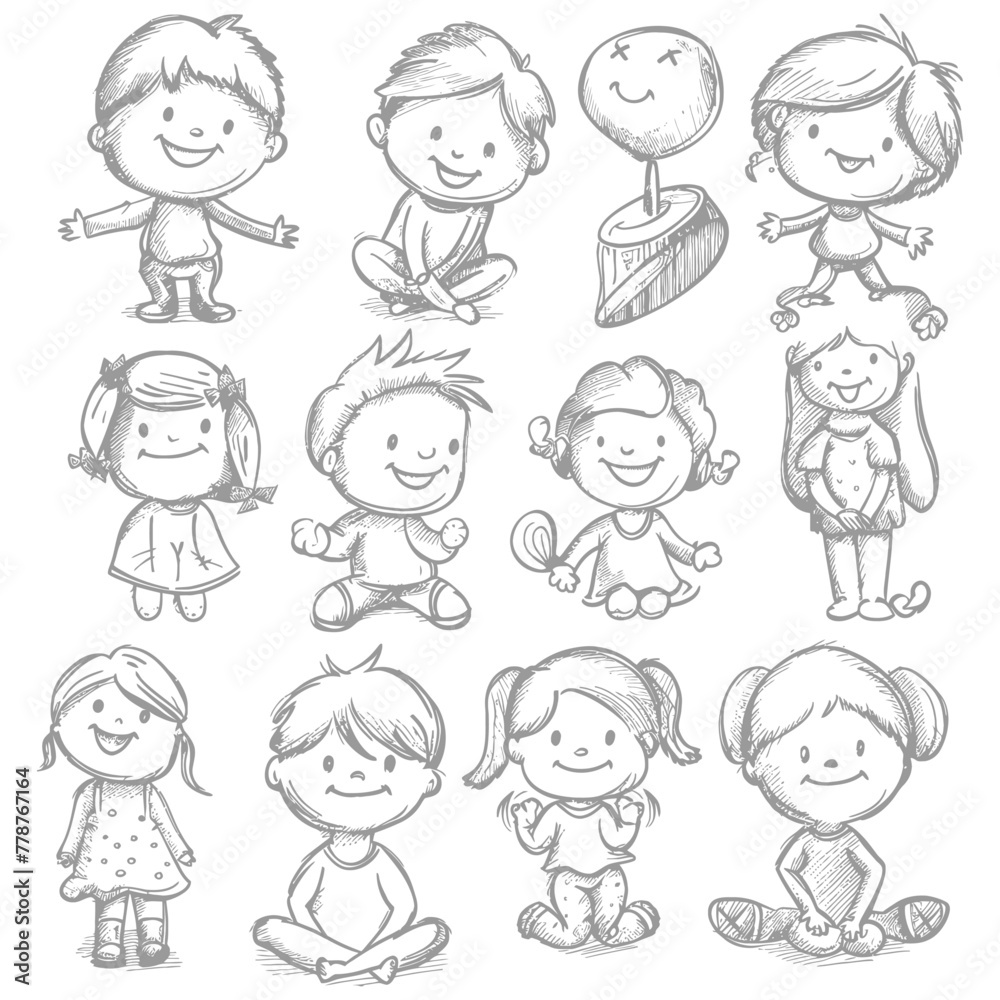 well hand drawing cute kids set doodle style illustration black color only well hand drawing cute kids set doodle style illustration black color only