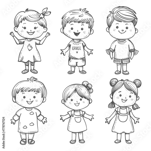 well hand drawing cute kids set doodle style illustration black color only