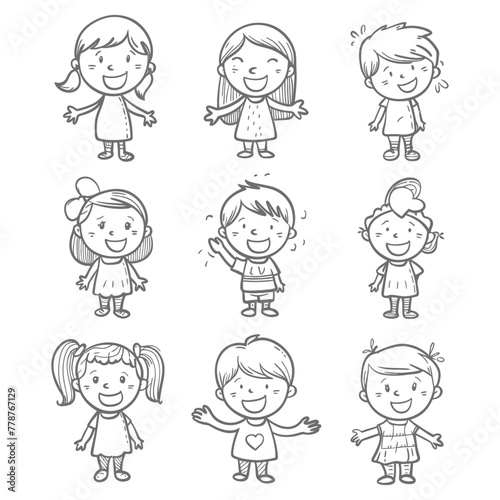 well hand drawing cute kids set doodle style illustration black color only