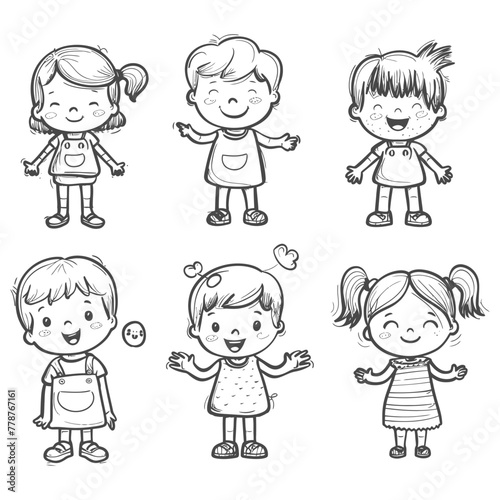 well hand drawing cute kids set doodle style illustration black color only
