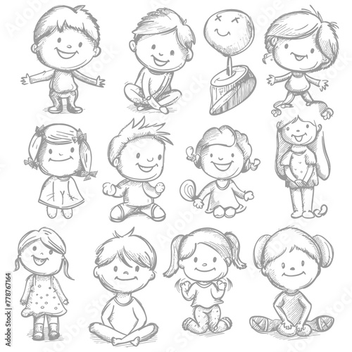 well hand drawing cute kids set doodle style illustration black color only