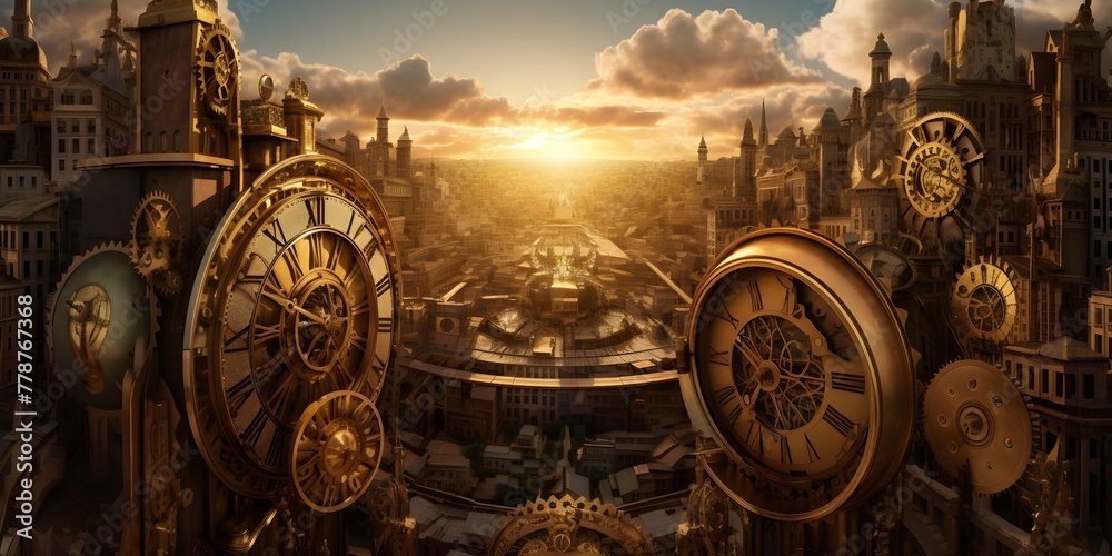 Sunset Over a Steampunk Cityscape with Gears and Clocks