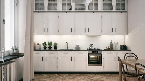 Bright large kitchen interior design, closeup on many kitchen appliances. photo