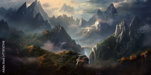 Mystical Autumn Mountainscape with Waterfall and Fog photo