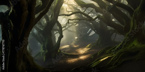 Enchanted Forest Path with Sunlight Peering Through Trees