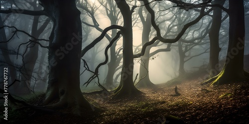 Mystical Dawn in an Enchanted Foggy Forest