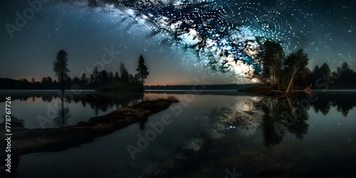 Starry Night Over Tranquil Lake with Reflective Trees