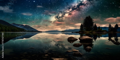 Starry Night Sky Reflected in a Serene Mountain Lake © CreativeCanvas