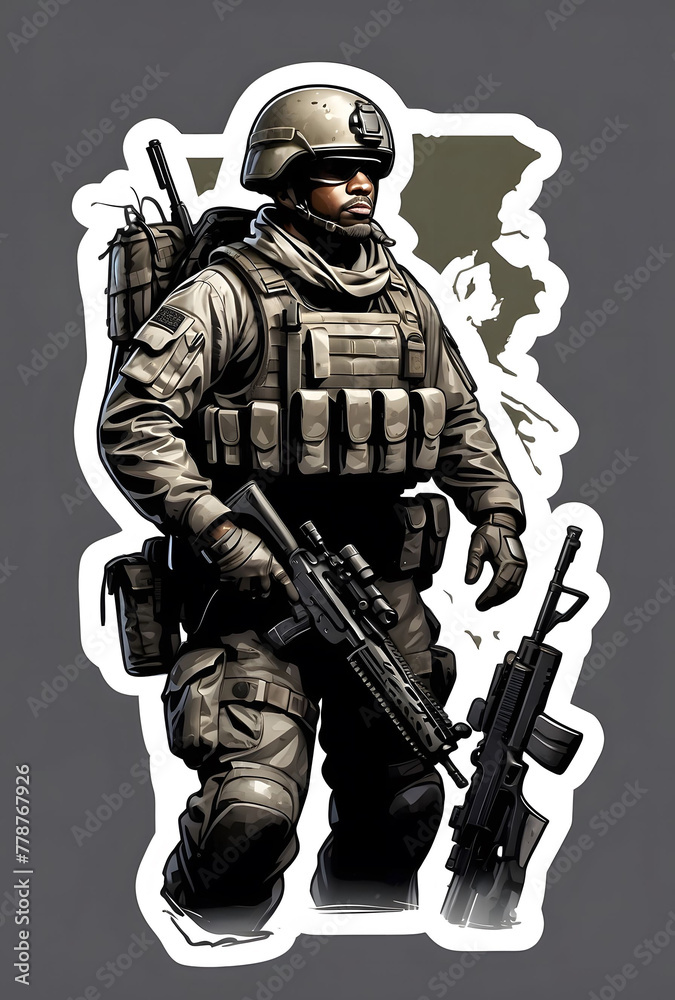 Sticker of a soldier on an isolated white background.