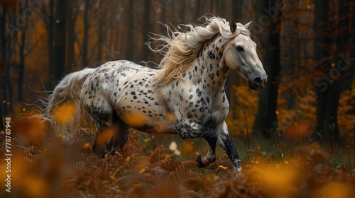 A dappled gray Andalusian horse strides confidently through the forest. Photo of a running horse.