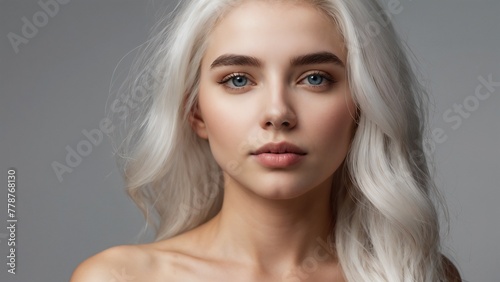 Close up portrait of a beautiful woman with long blond hair on a black background