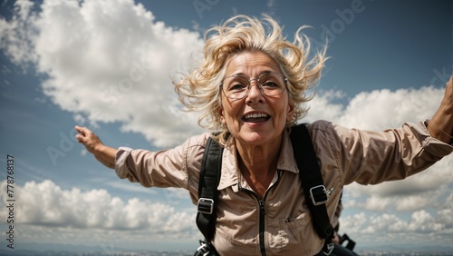 Senior white woman with gray hair is fearless and fun parasailing. Extreme sports concept. Close up photo