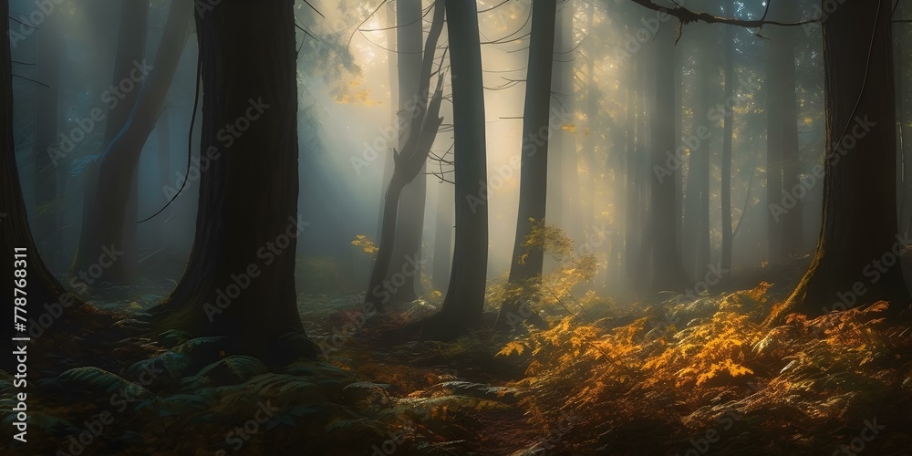 Enchanted Forest Bathed in Misty Golden Light