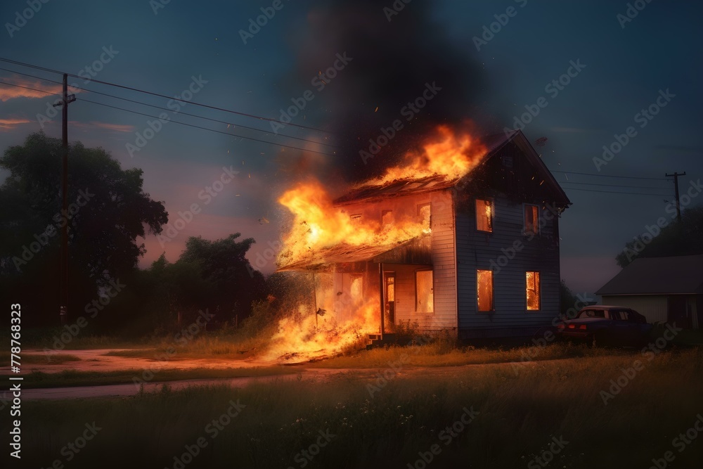 Twilight Blaze Engulfs a Suburban Home