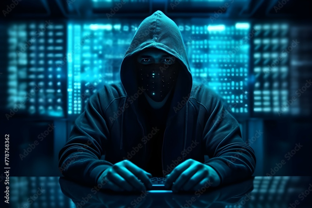 Hooded Figure with Mask in Neon-Lit Control Room Hooded Figure with Mask in Neon-Lit Control Room