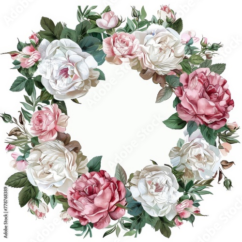 Elegant rose and peony wreath, watercolor style, on a white background