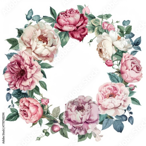 Elegant rose and peony wreath  watercolor style  on a white background