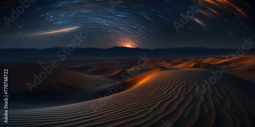 Desert Night Sky with Star Trails and a Meteor