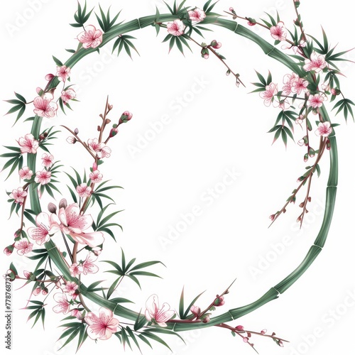Oriental style wreath with cherry blossoms and bamboo, on white background