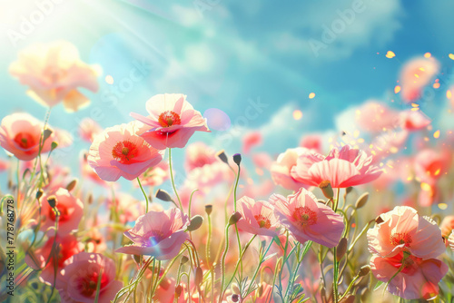 Poppy Flower Wallpaper in light pink and blue colors 