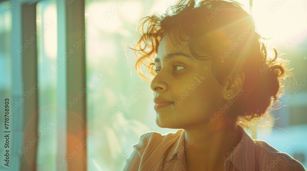 A contemplative young woman gazes out of a window, bathed in warm golden light - obrazy, fototapety, plakaty 