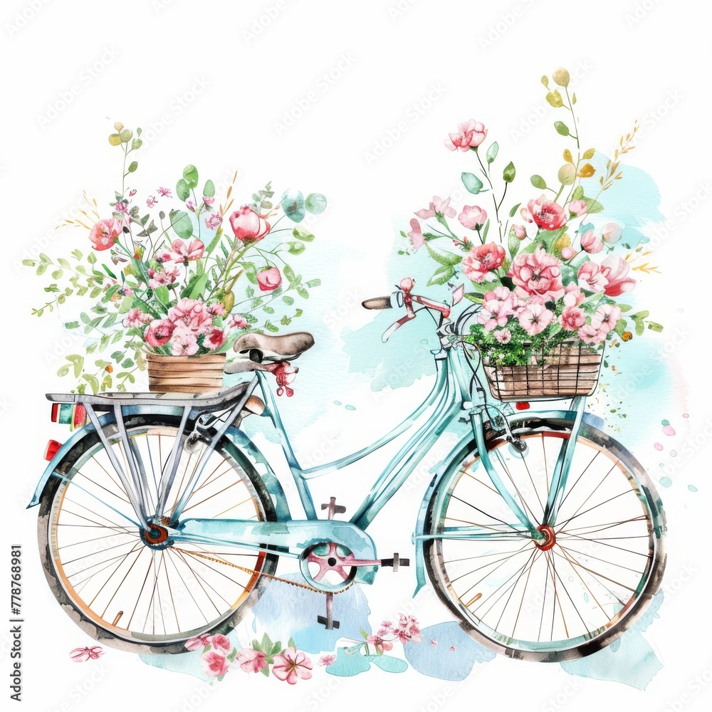 Watercolor bicycles with flower baskets, summer ride on white background
