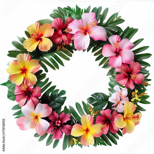 Tropical flower wreath, featuring hibiscus and frangipani, on white background © FoxGrafy