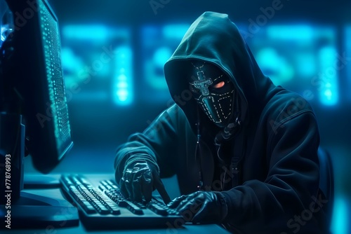 Hooded Figure with Glowing Mask Typing on Keyboard