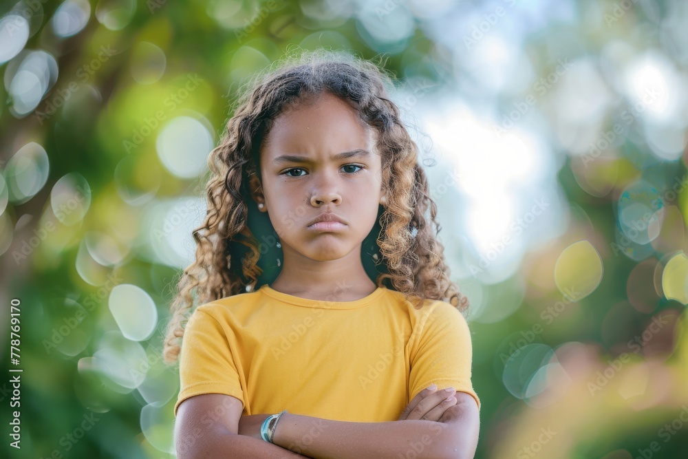 A young girl with curly hair stands with a stern look and arms crossed in a yellow shirt A young girl with curly hair stands with a stern look and arms crossed in a yellow shirt