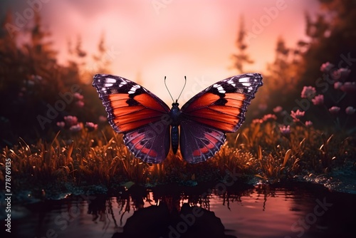 Vibrant Butterfly at Sunset by Water's Edge