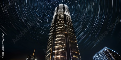Skyscraper Touching Star Trails in the Night Sky