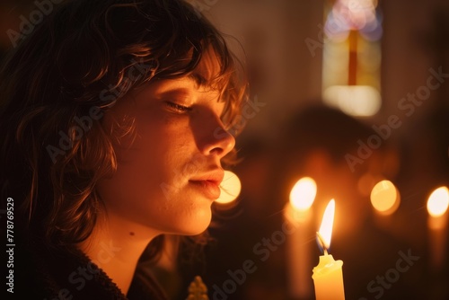 A poignant scene of a candlelit vigil with a human holding a candle, face artfully hidden and blurred photo