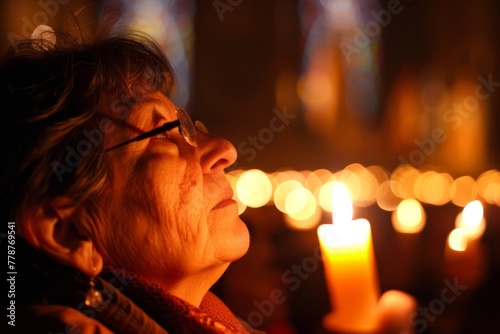 Person with obscured face holding candle amidst church candlelight, evoking spirituality