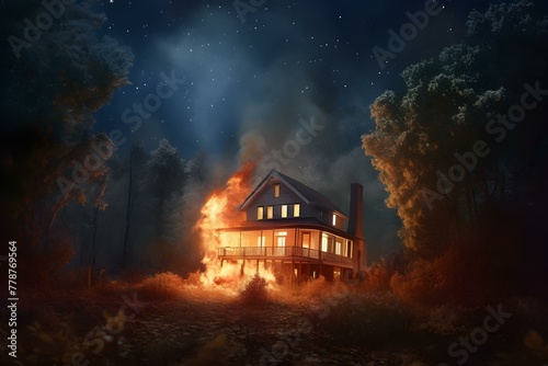Starry Night Sky Over a Burning House in the Woods