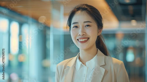 A bright and inviting smile from a young Asian woman in a light and airy office setting © ChaoticMind
