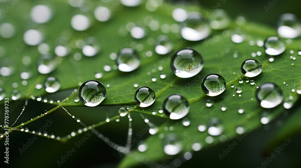 Green leaf with water drops for background. Green leaf with morning dew close up. grass and dew abstract background. Natural green background with leaf and drops of