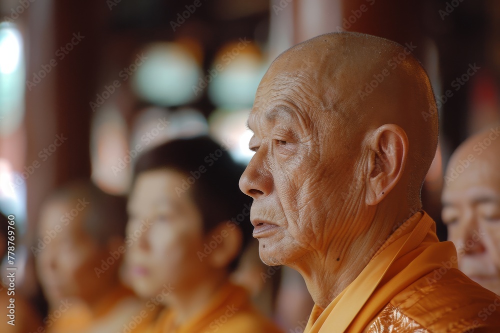 A monk faces the congregation, embodying the peaceful essence of Buddhist tradition in a temple ritual A monk faces the congregation, embodying the peaceful essence of Buddhist tradition in a temple ritual
