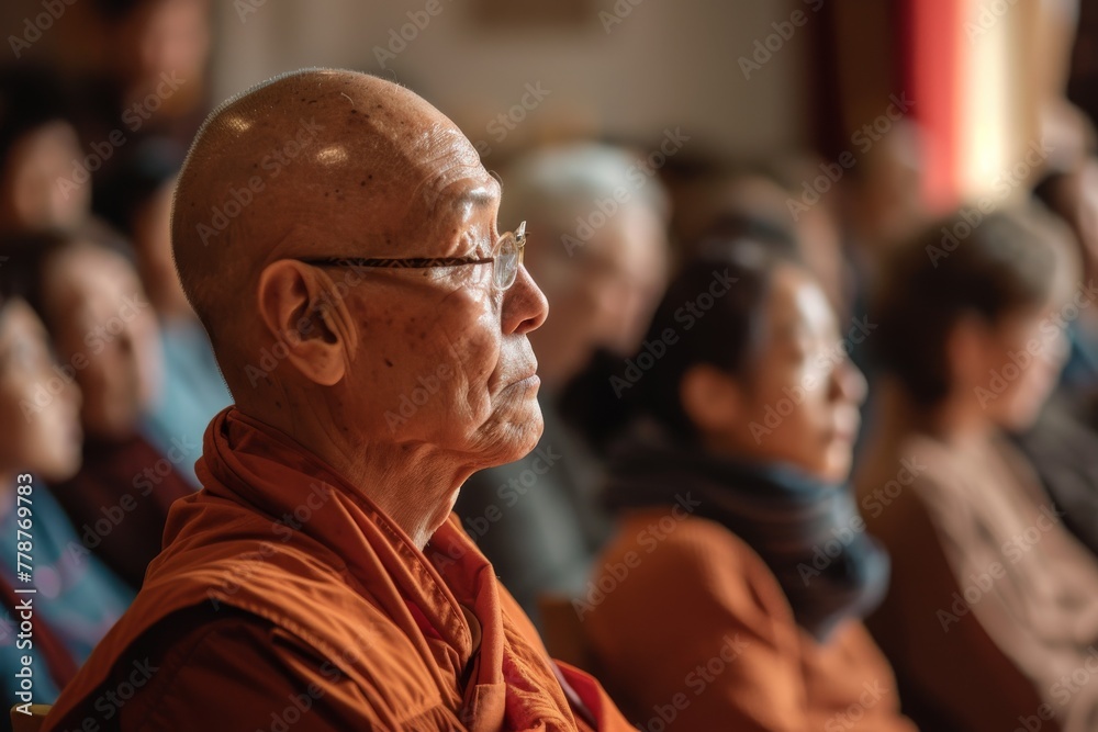 A close-up capture of a monk in deep contemplation, participating in a profound spiritual service ritual