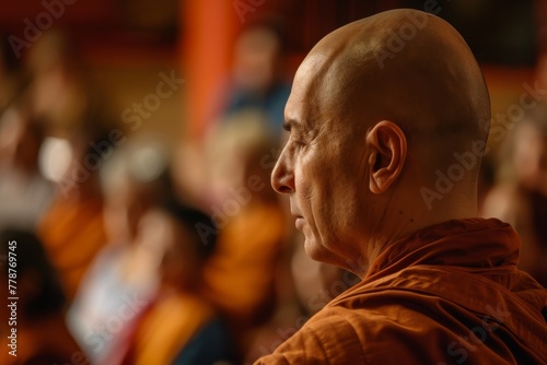 Side profile of a serene monk engaged in quiet contemplation during a serene ritual in a vibrant temple setting