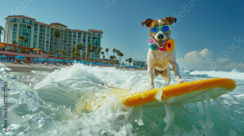 A joyful dog with sunglasses and a lei surfing on a yellow board on a sunny day, showcasing summer fun and adventure photo