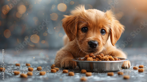 A golden dog enjoys a meal with its face obscured by a privacy box, highlighting the food in front