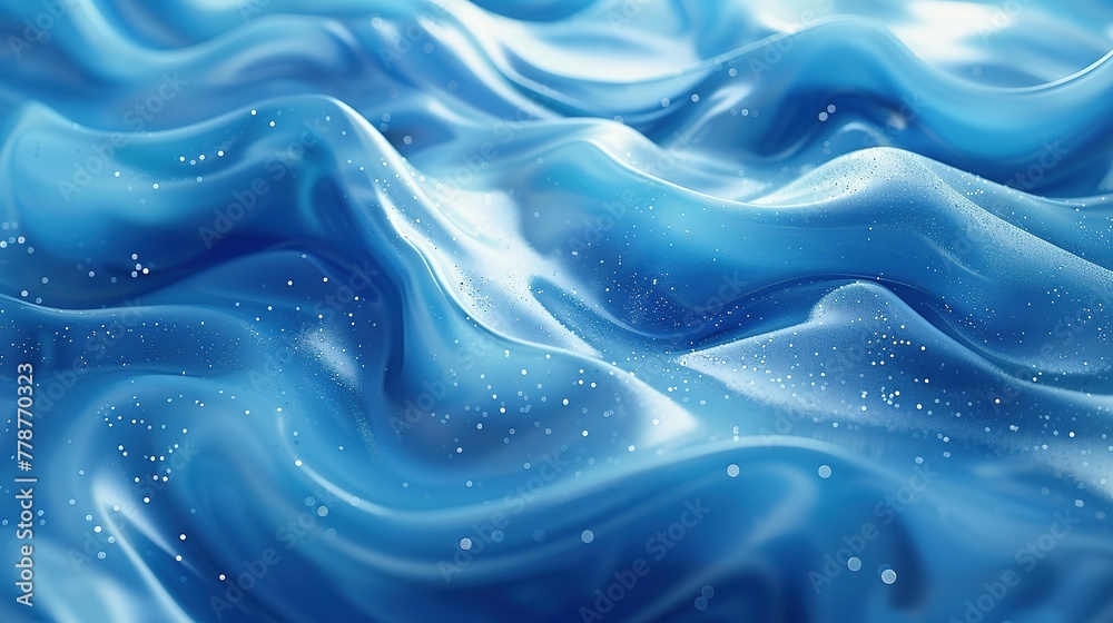 looped festive liquid BG in 4k. Abstract wavy pattern on bright glossy surface, liquid gradient blue color, waves on paint fluid in smooth animation. Glitters on viscous 3d liquid. Creative backdro