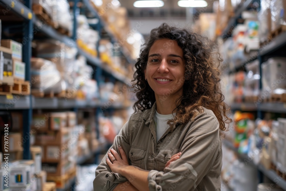 A joyful young woman stands with arms crossed in a warehouse, exuding friendliness and confidence