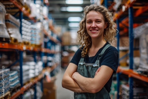 Happy, curly-haired warehouse worker smiling confidently in a casual setting, embodying job satisfaction