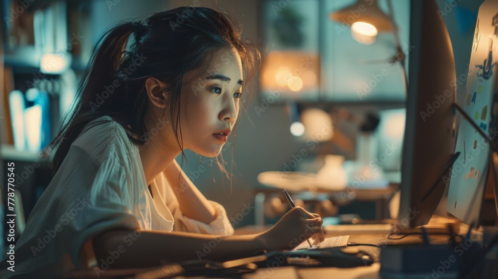 A young Asian woman exhibits intense focus while working at a computer in dim light - obrazy, fototapety, plakaty 
