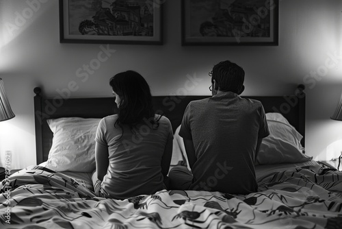 A black and white image capturing the tension of a couple sitting in bed, turned away from each other in a moment of disconnection photo
